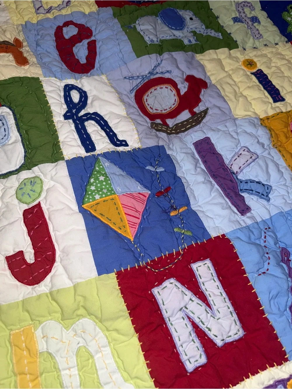 Pottery Barn Kids Patchwork ABC Baby Quilt Reverse Gingham 36